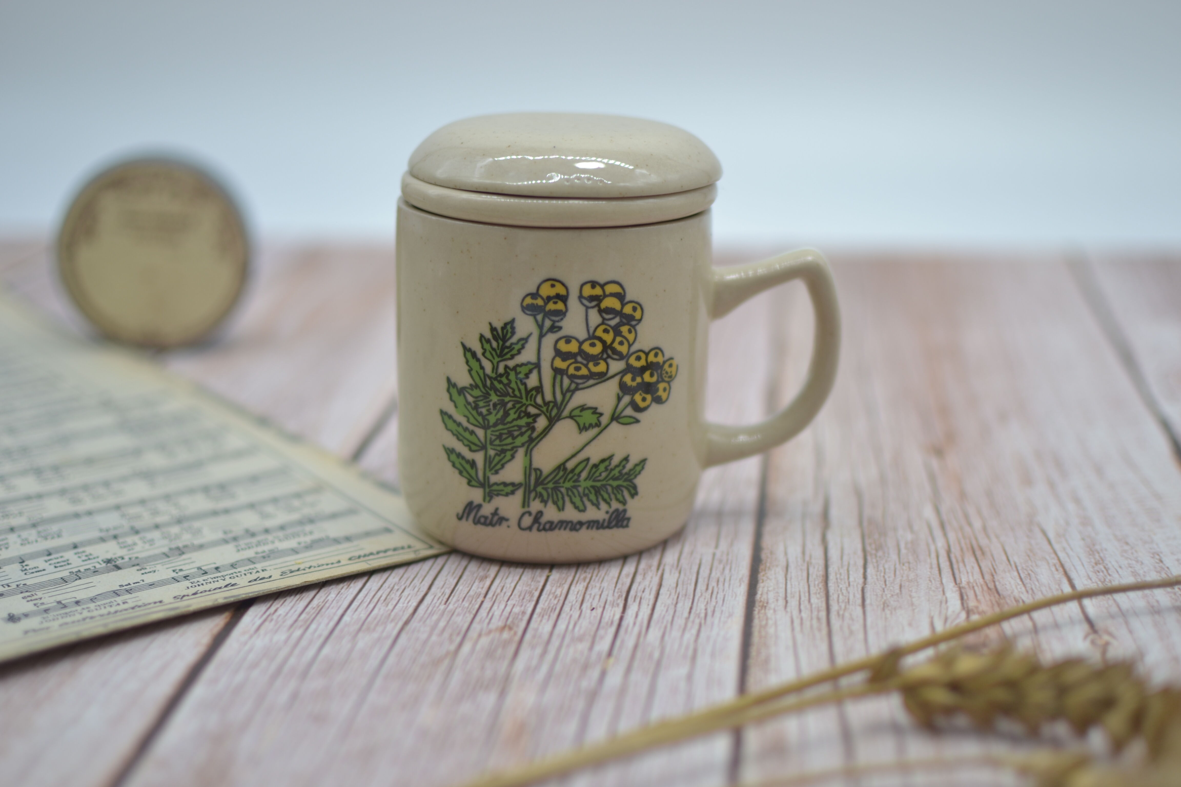 Vintage sandstone tisanière on the theme of chamomile botany