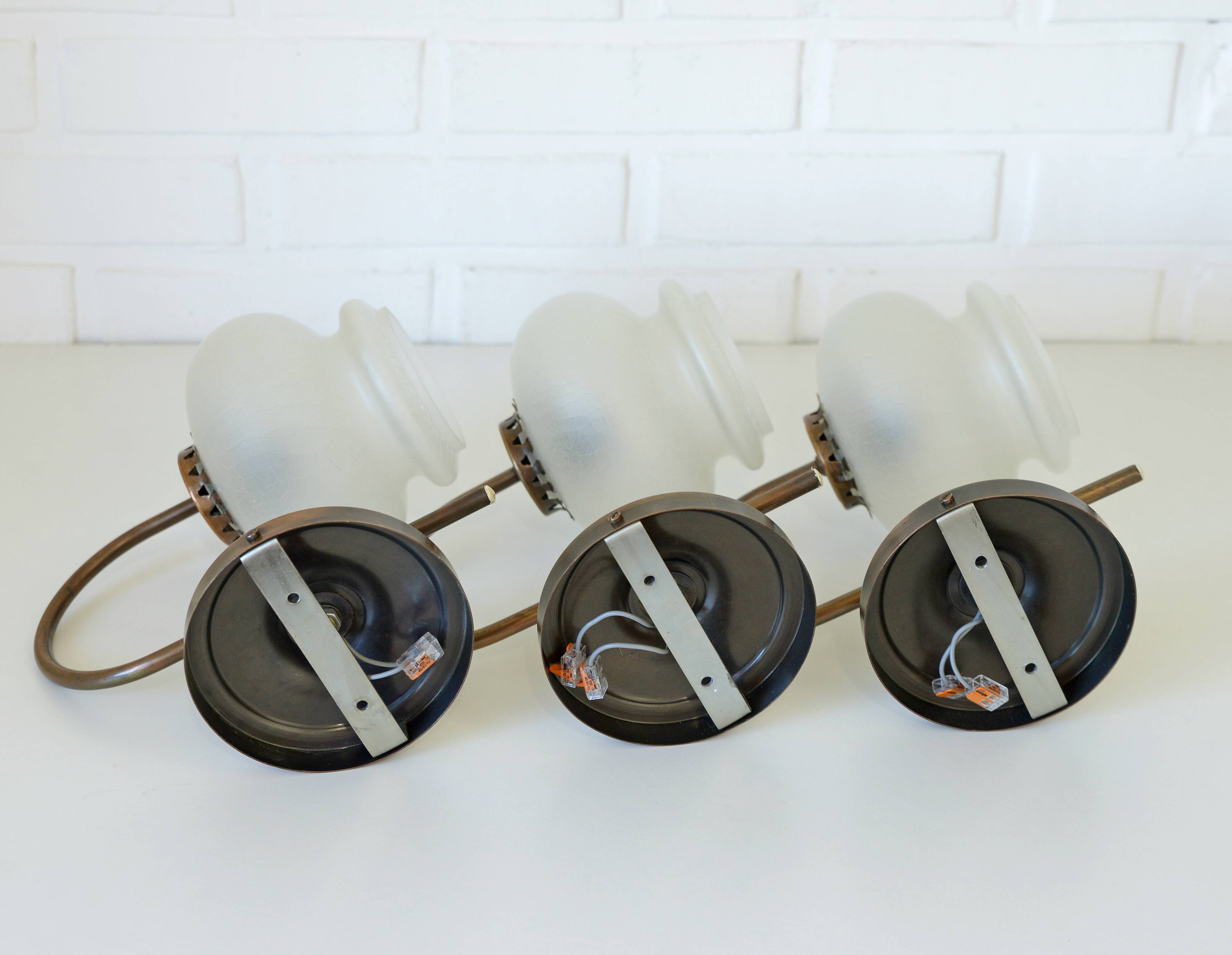Vintage wall lamps / set of 3 / copper and ice glass rustic sconces