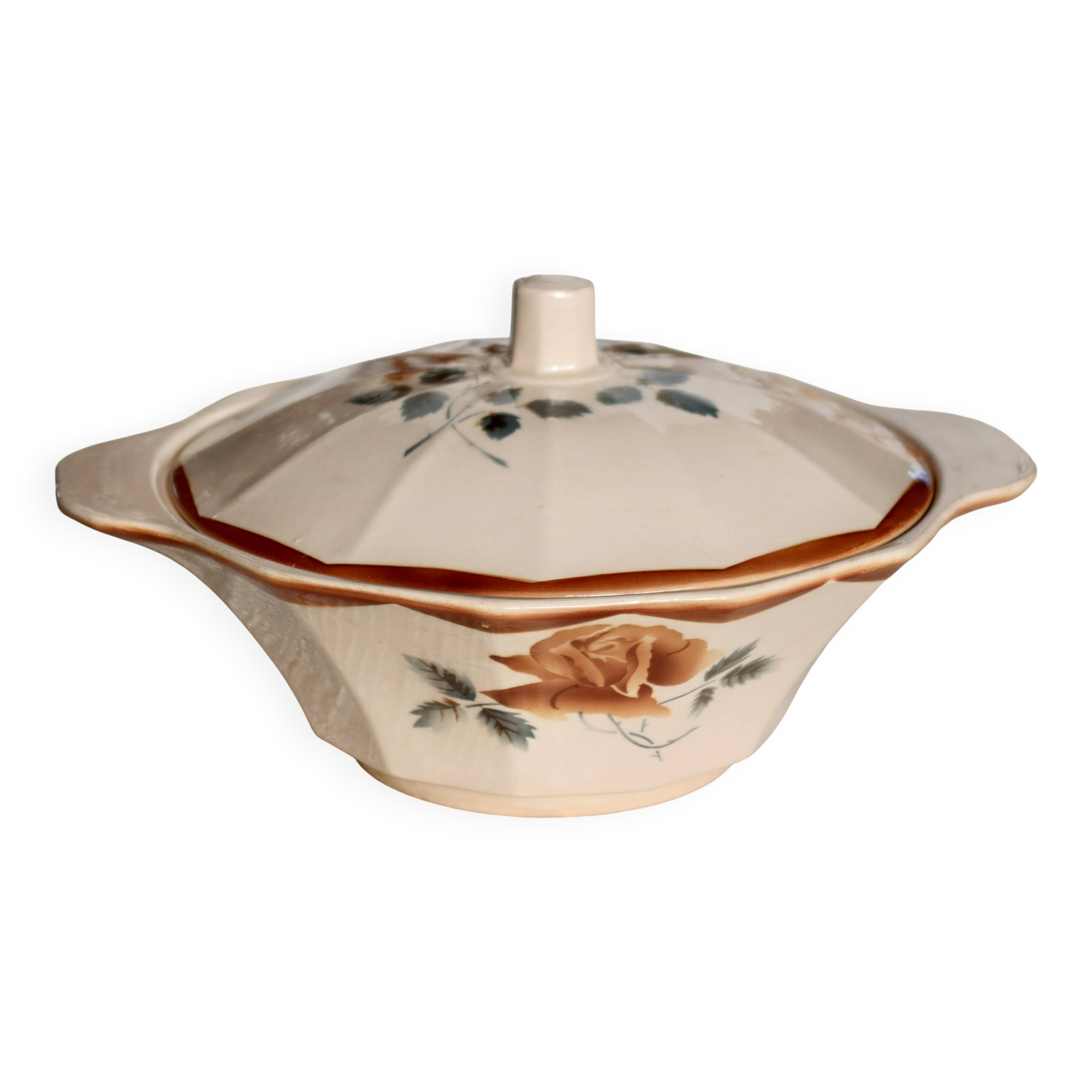 Antique pink earthenware soup tureen - Red floral decoration - Digoin