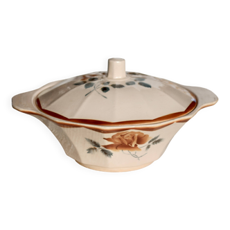 Antique pink earthenware soup tureen - Red floral decoration - Digoin