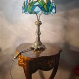 antique bronze floor lamp from the 19th century in superb condition with a beautiful iris glass shade