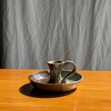 Small hand-held candle holder in two-tone brown and gray stoneware H6.5