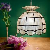 Vintage pendant light in mother-of-pearl and brass