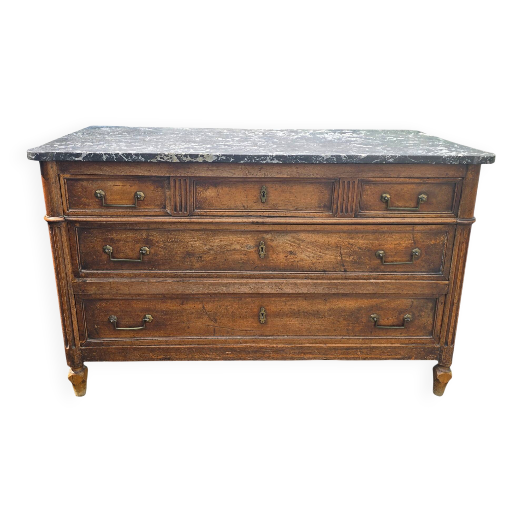 Commode ancienne de style Louis XVI avec plateau en marbre gris