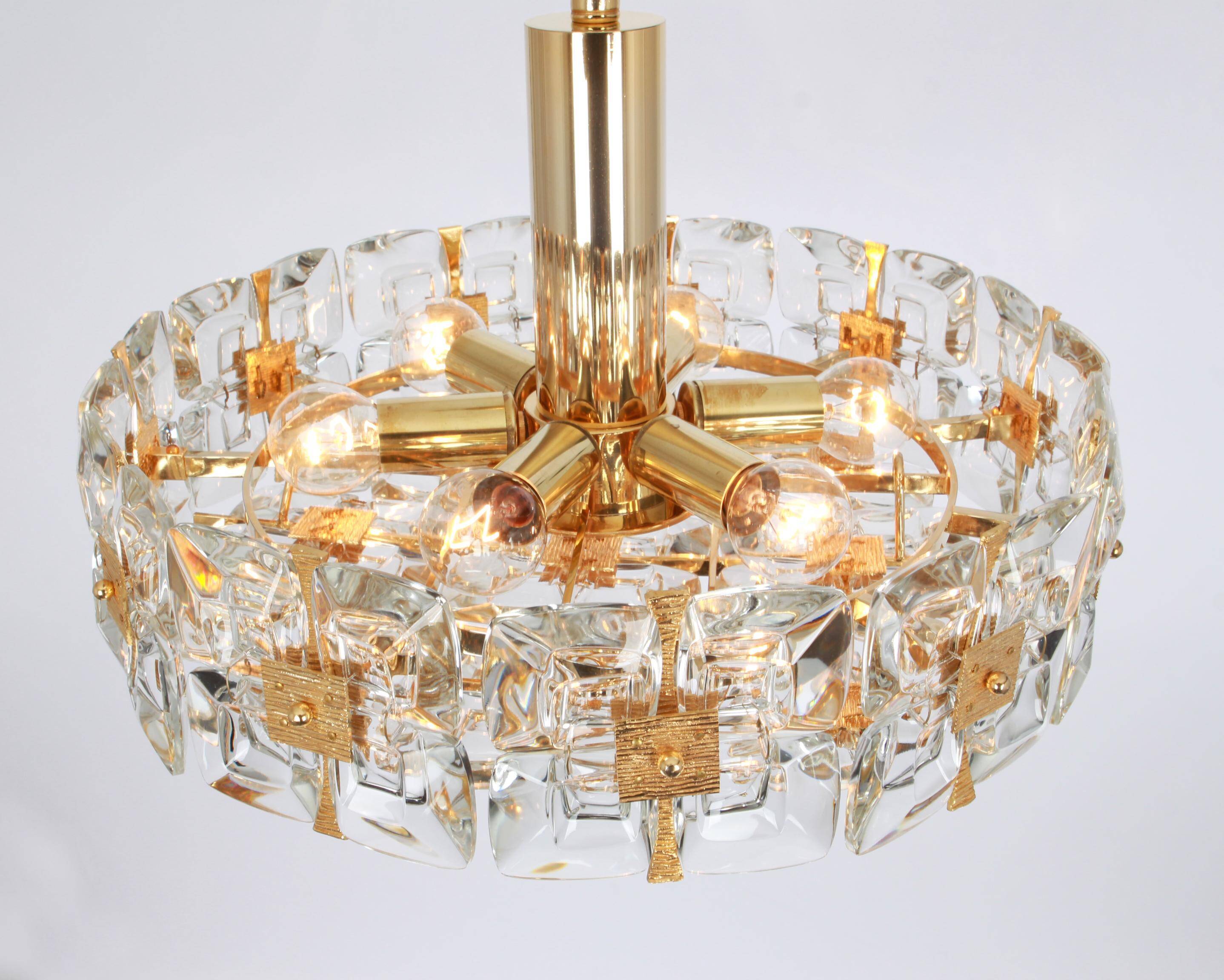 Golden brass and crystal chandelier, Sciolari design by Palwa, Germany, 1970s.