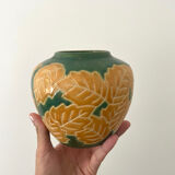 Vase motif floral vert et jaune ceramique