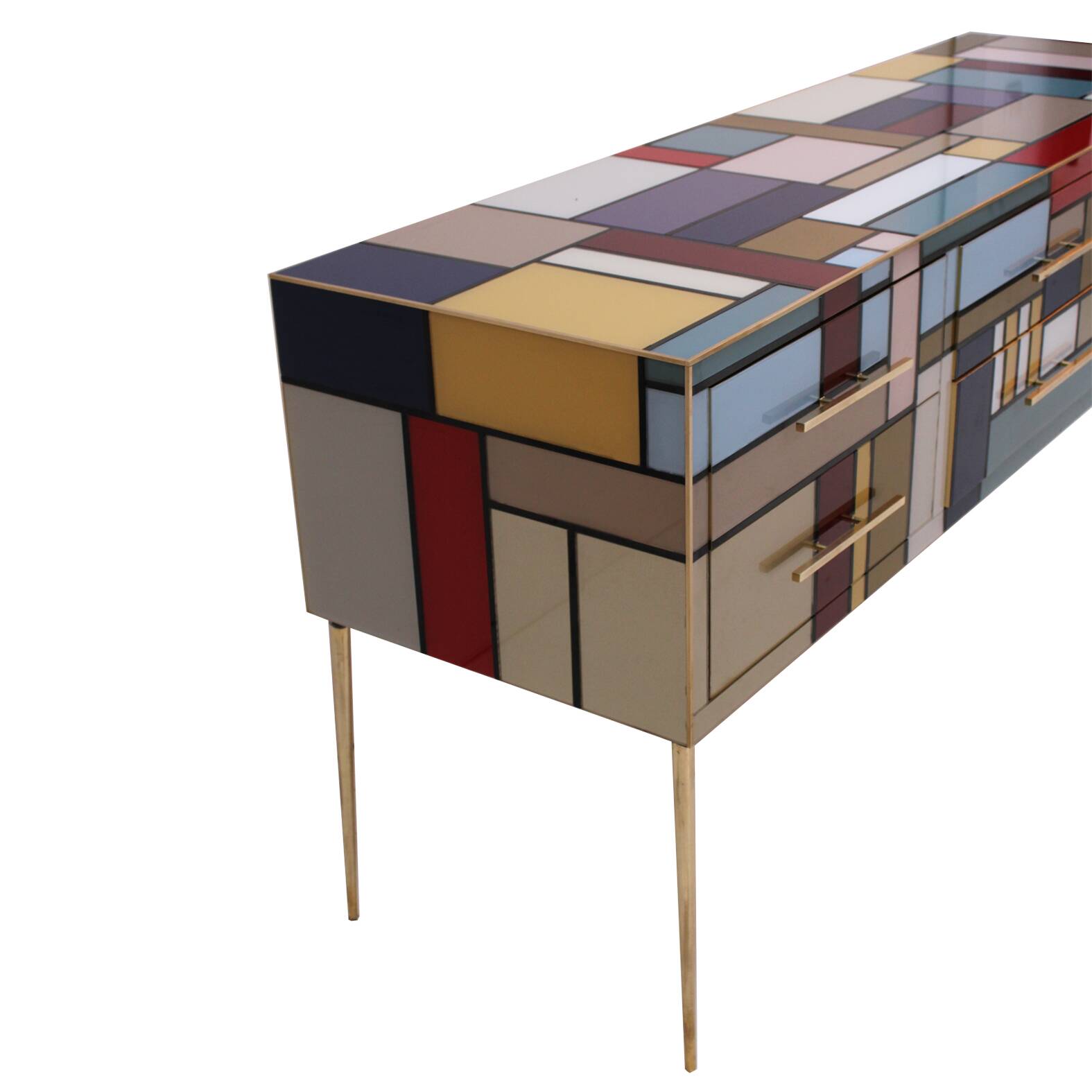 Murano Coloured Glass and Brass Sideboard Composed of 6 Drawers