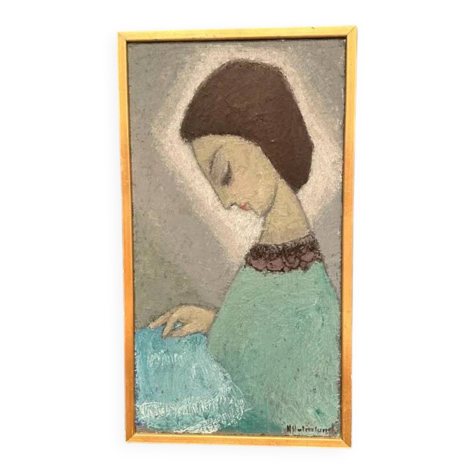 Original Swedish oil on canvas – "Lady" by Helge Holmlund – Signed – vintage and framed – 65 × 36.5 cm (25.6" × 14.4")