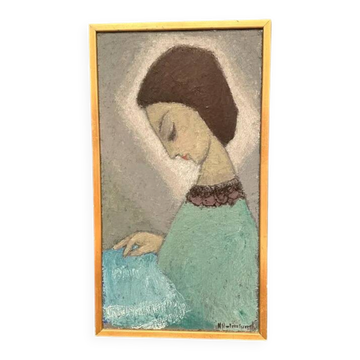Original Swedish oil on canvas – "Lady" by Helge Holmlund – Signed – vintage and framed – 65 × 36.5 cm (25.6" × 14.4")