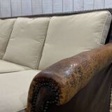 Early 20th century leather club sofa - seat and back in modern fabric