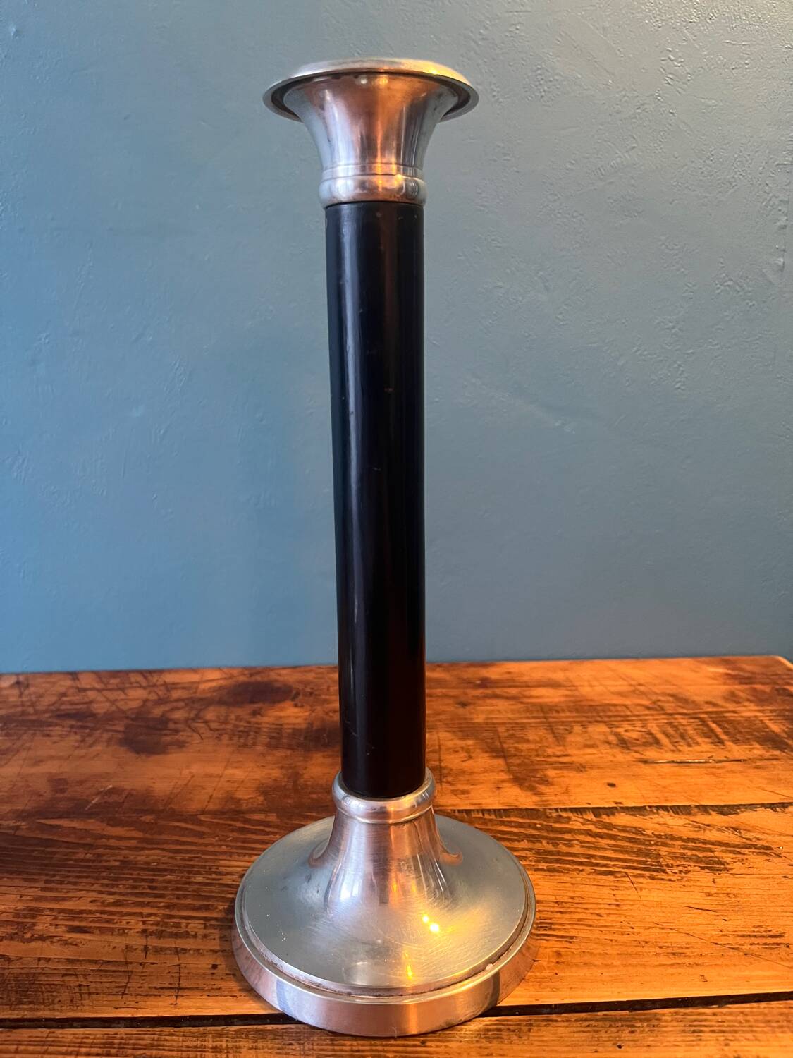 Trio of metal and wood candlesticks from the 80s