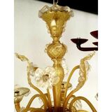 Lustre en verre vénitien transparent et ambré avec fleurs