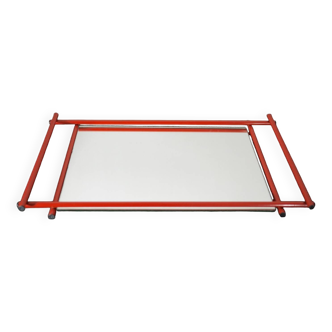 1960s Modern Red Metal Frame Mirrored Serving Tray