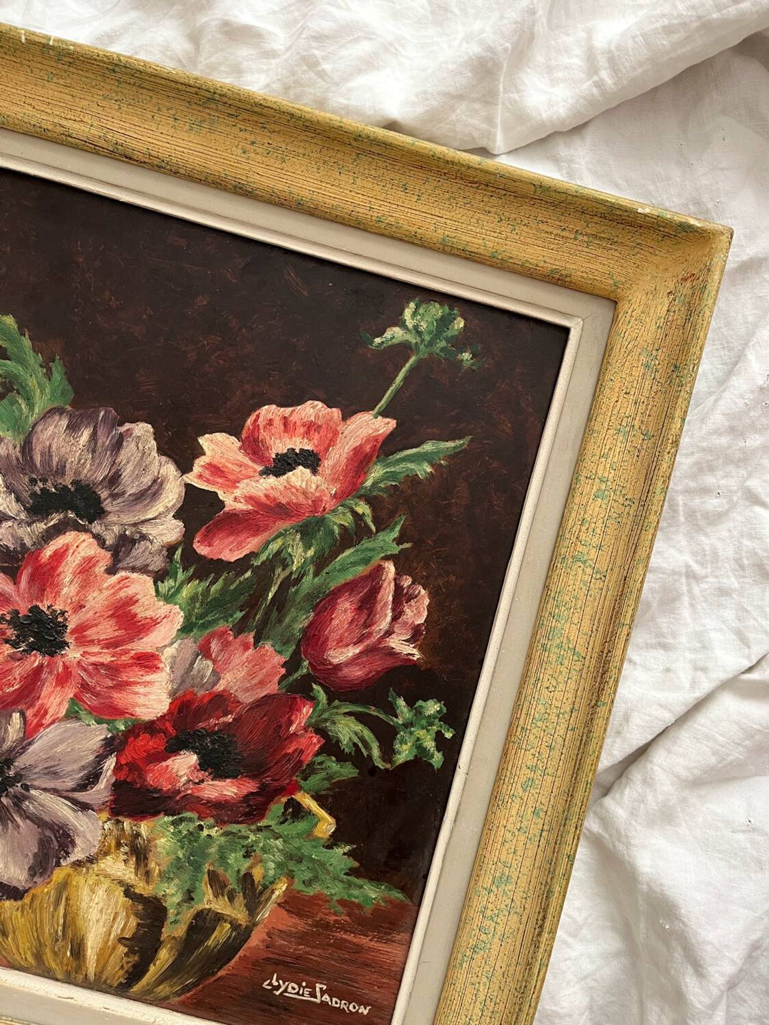 Antique painting, oil on cardboard, bouquet of anemones, signed