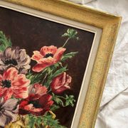 Antique painting, oil on cardboard, bouquet of anemones, signed