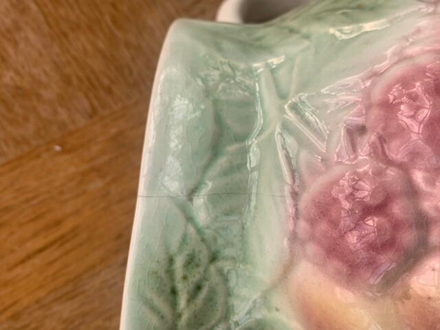 Pitcher, slurry carafe with fruit pattern, vintage glazed ceramic