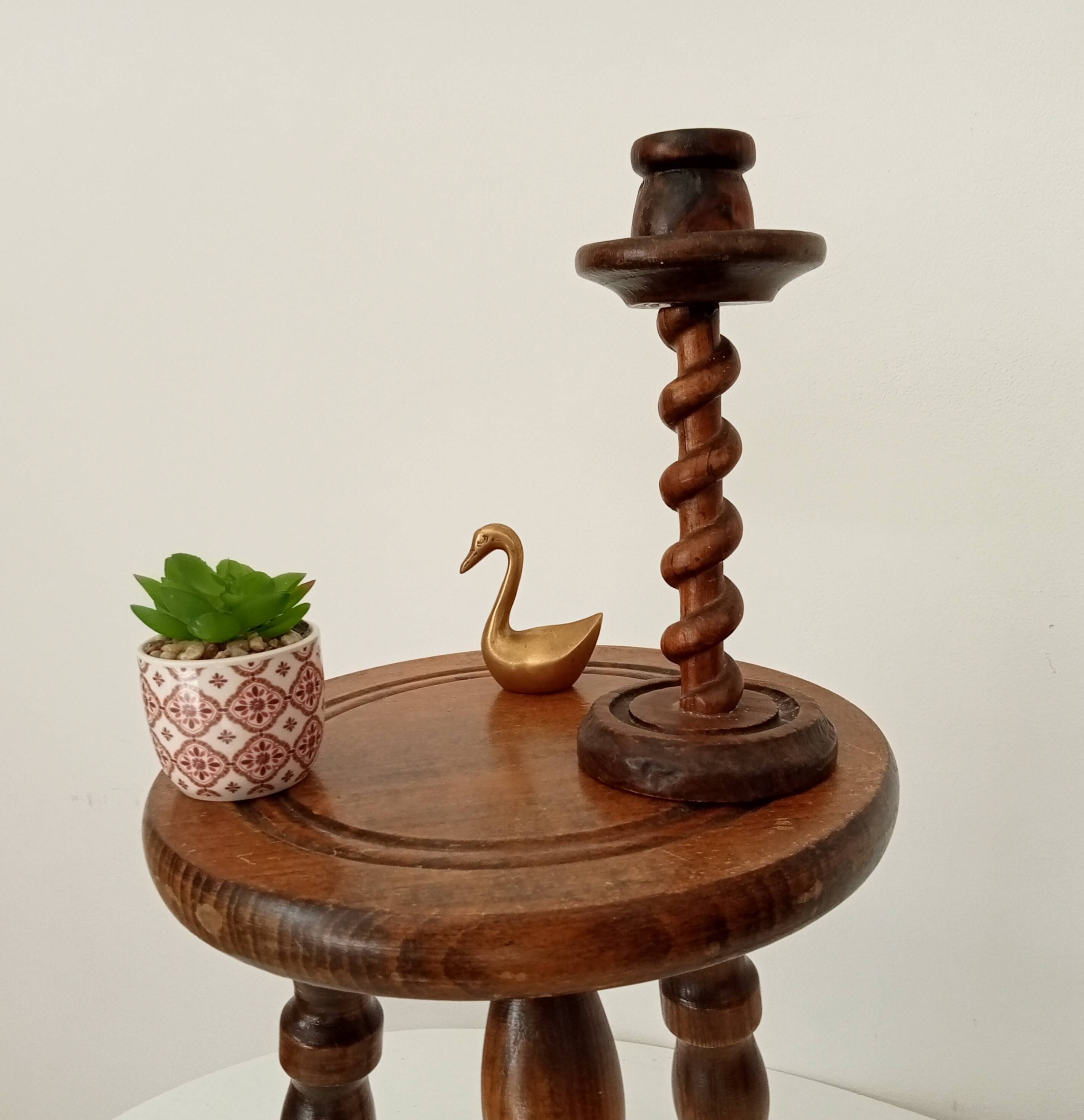 Vintage folk art turned wood candle holder
