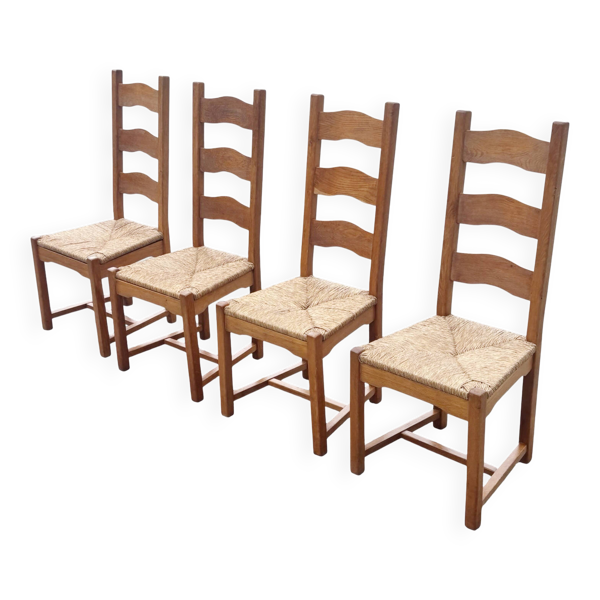 Ensemble vintage de 4 chaises de salle à manger en chêne et osier design des années 70, dossier haut.