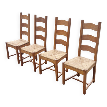 Ensemble vintage de 4 chaises de salle à manger en chêne et osier design des années 70, dossier haut.