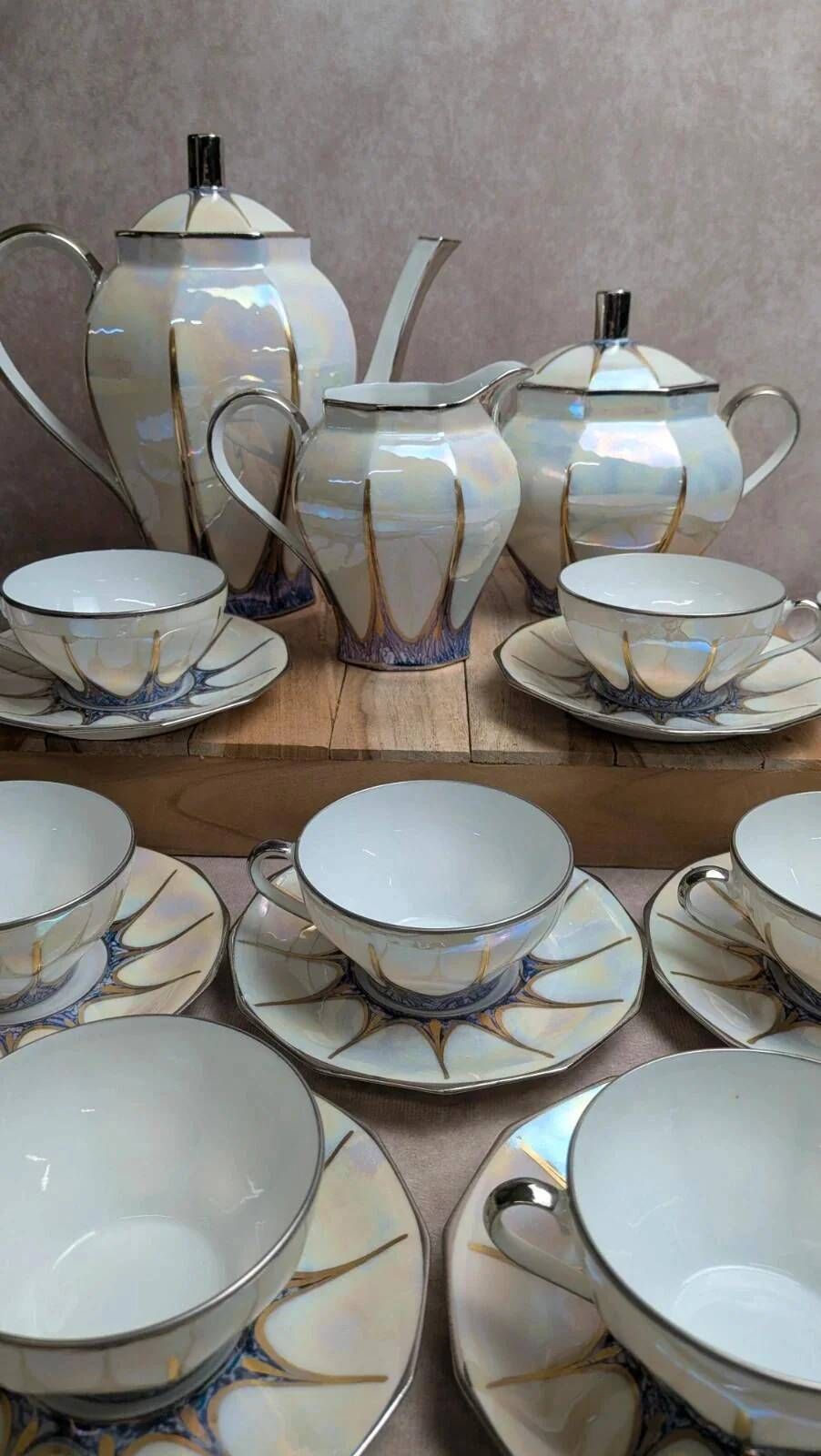 Art Deco coffee service Limoges Unique signed Pailles – 27 pieces in iridescent porcelain