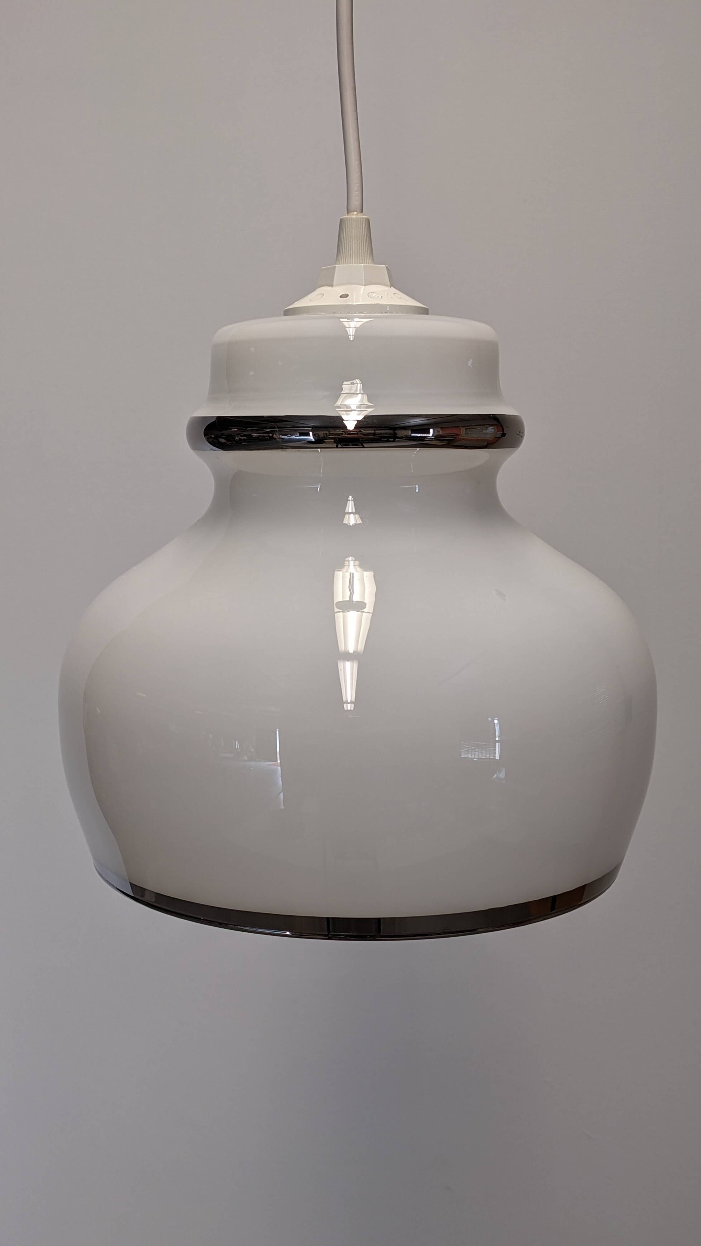 Suspension in white opaline with chrome trim, France circa 1970.