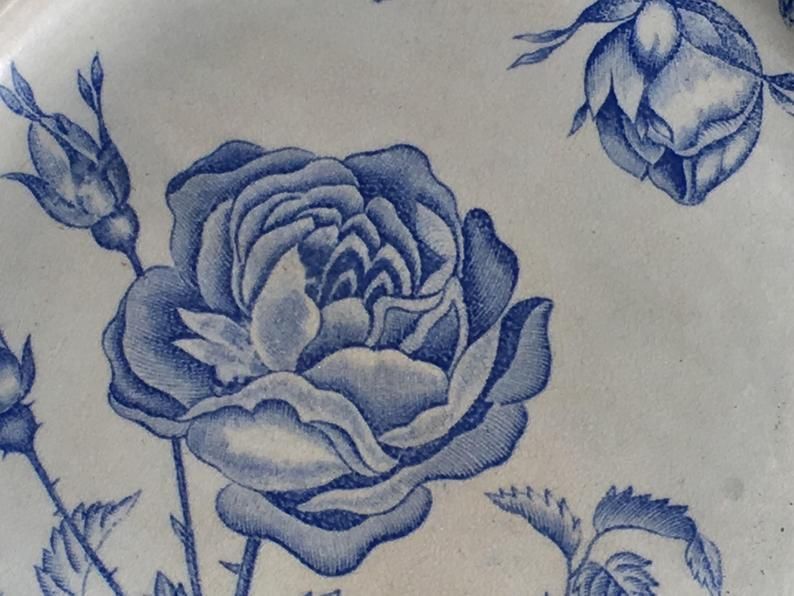 2 flat plates mismatched iron earth with blue flower motifs France