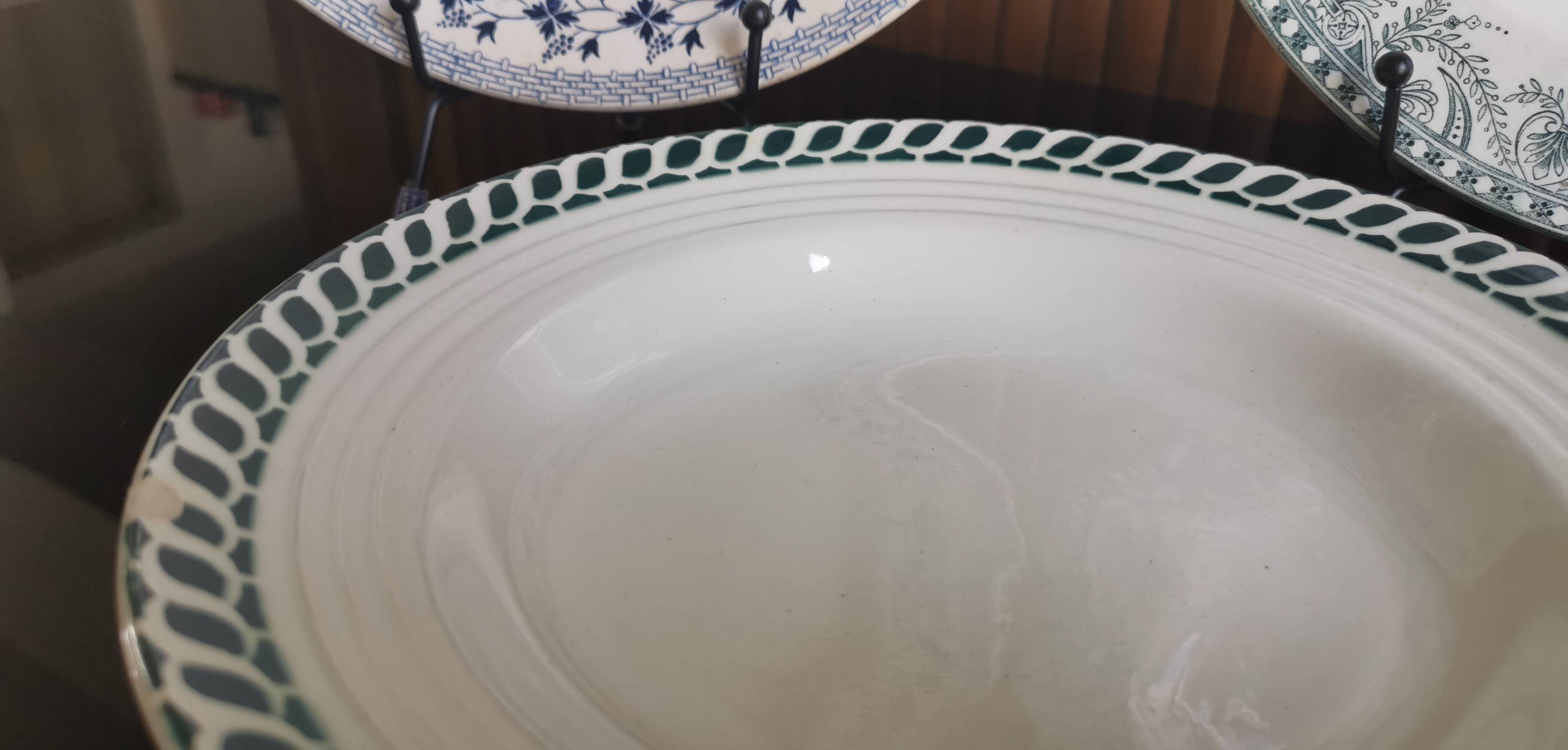 6 old mismatched deep plates Terre de Fer, glass and blue colors
