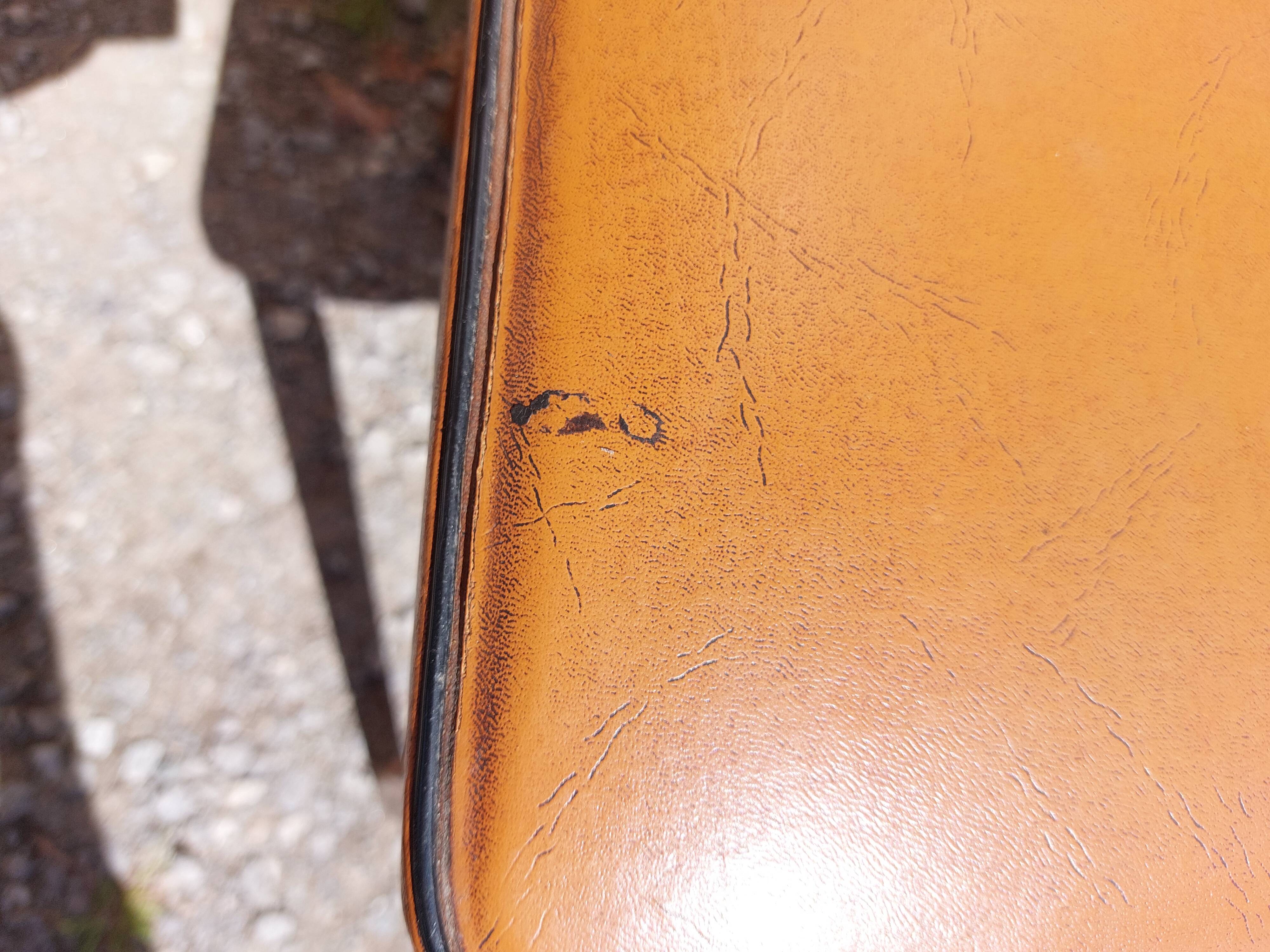 6 vintage 1960s wooden bistro chairs with camel faux leather.
