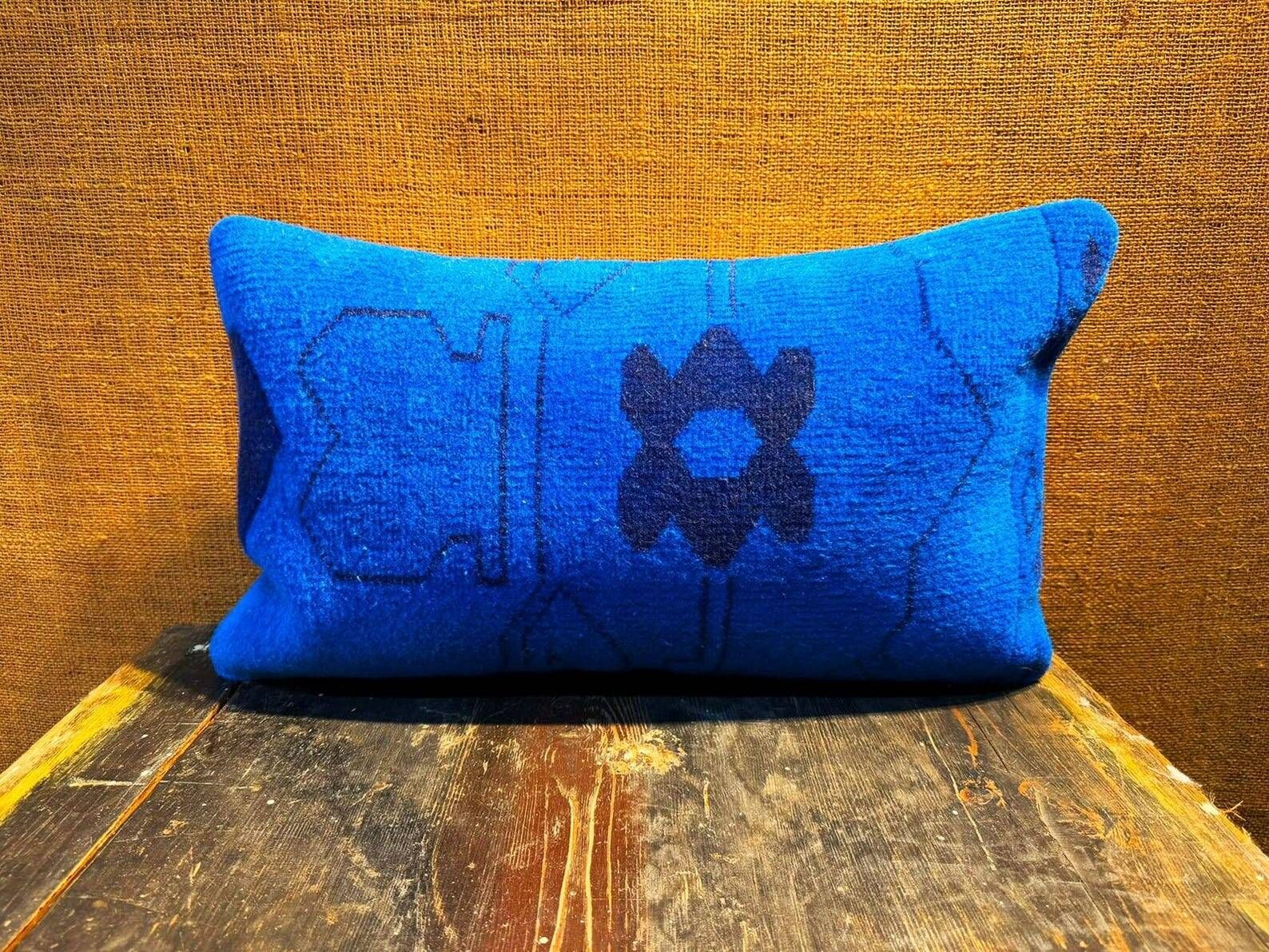 Vintage Wool Lumbar Pillow, Geometric Tribal Navy Cushion 12x20