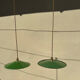 Industrial suspension pair with XL enamelled metal lampshade.