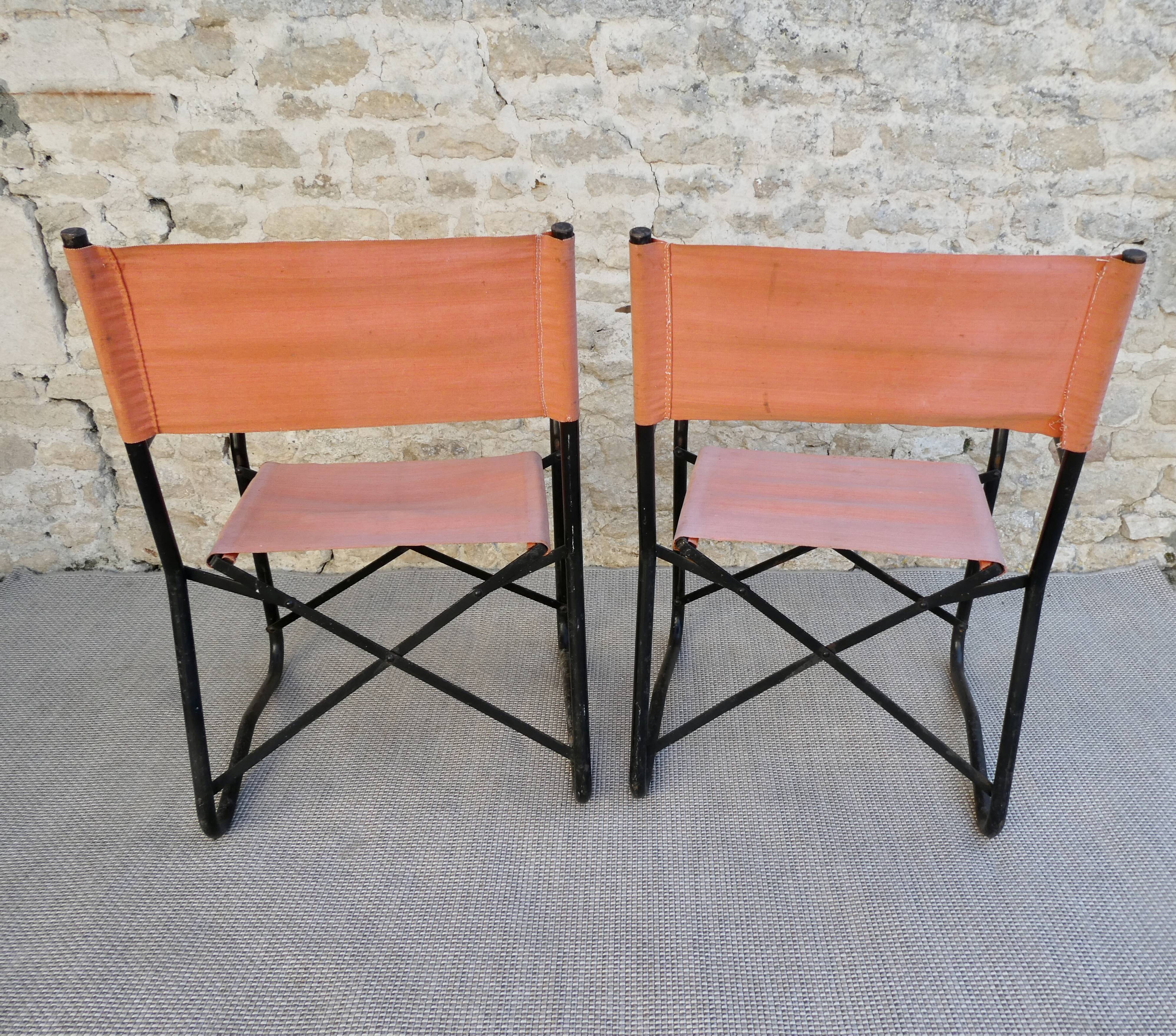 Pair of folding armchairs in metal and fabric 60s