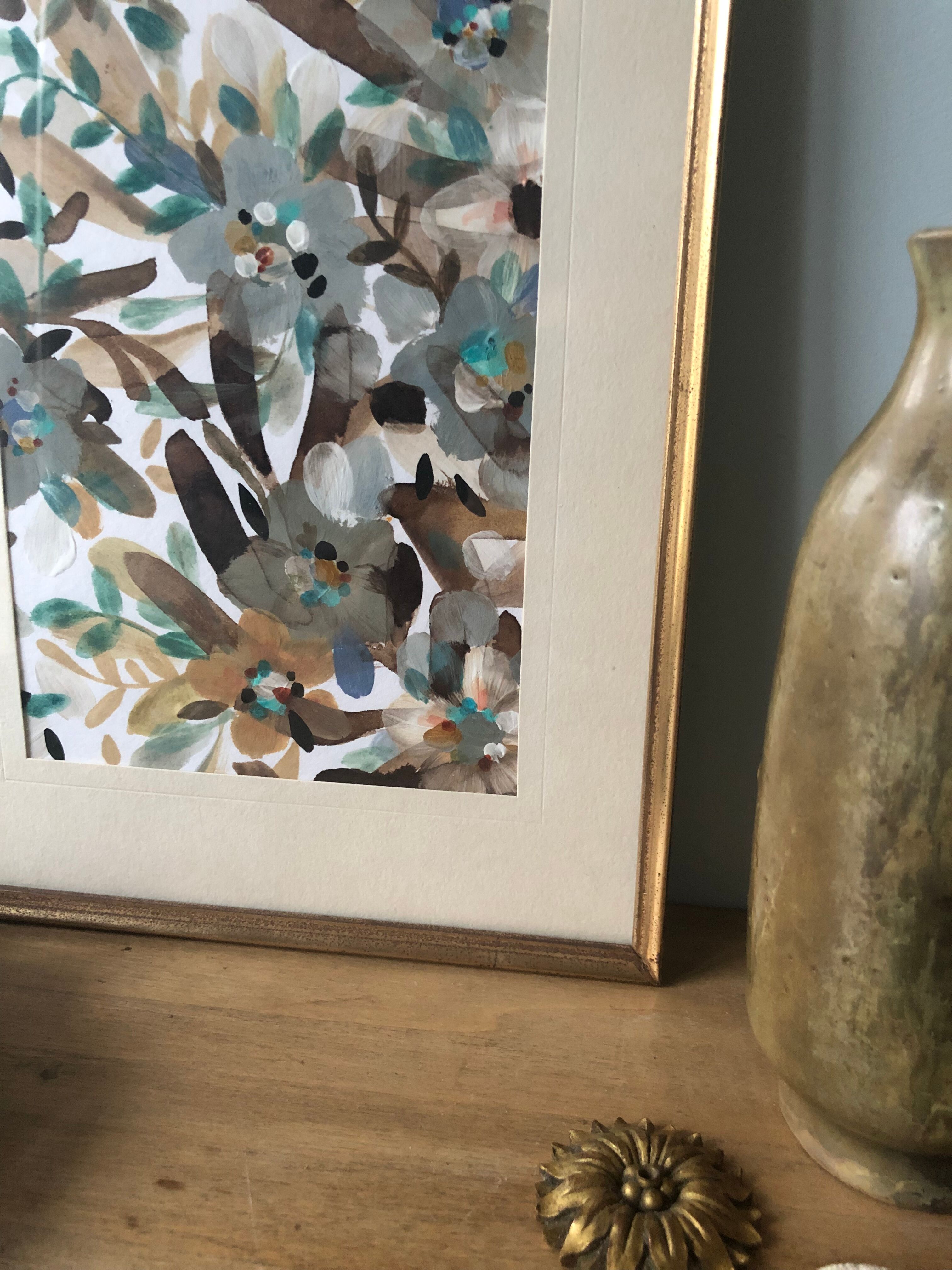 Peinture acrylique encadrée feuillage et lumière dorée