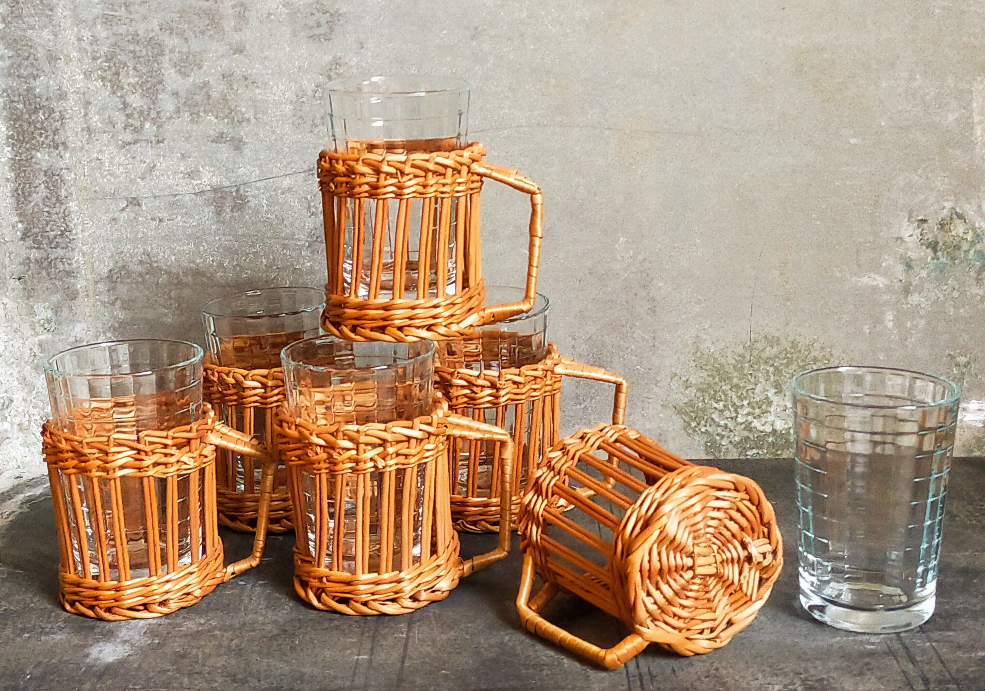 Six vintage 50s glasses in braided rattan cases