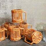 Six vintage 50s glasses in braided rattan cases