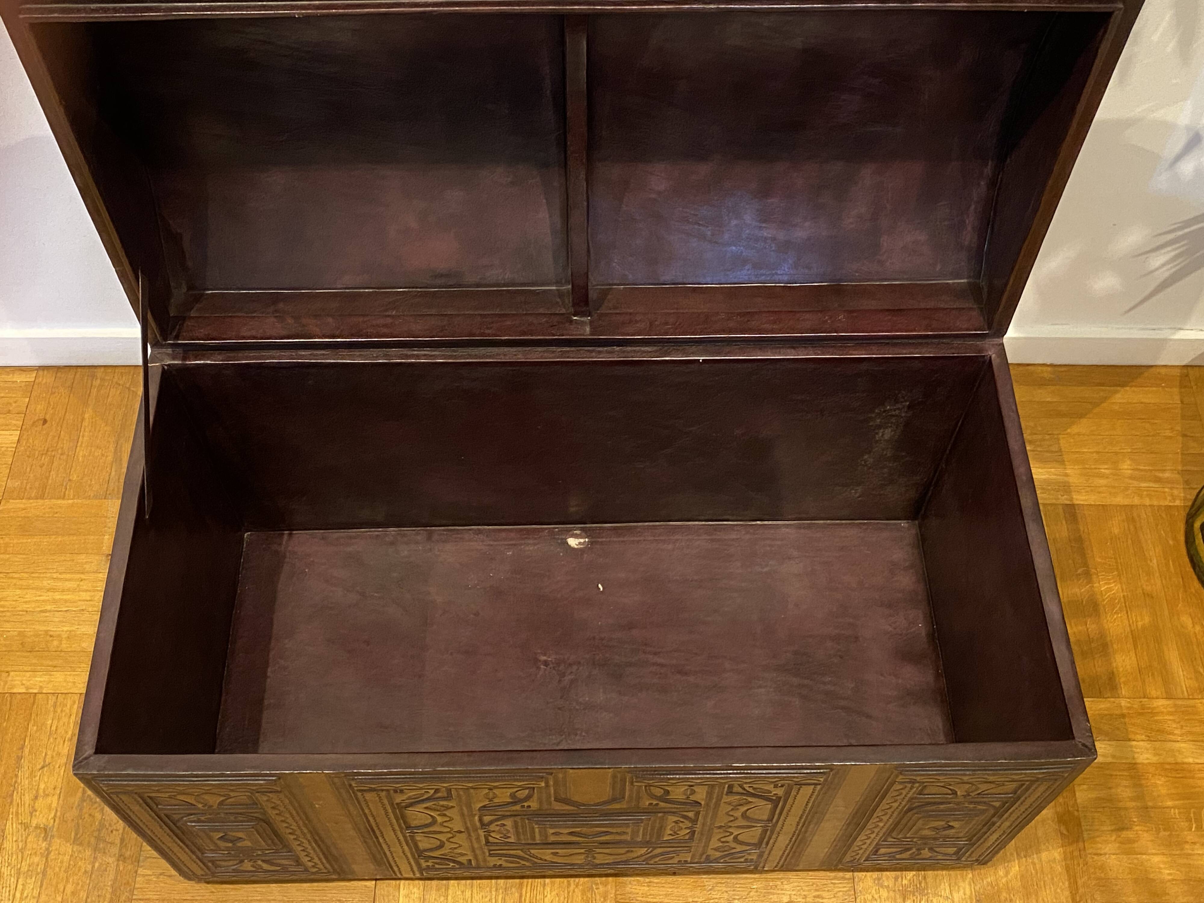 Brown leather and wood domed chest