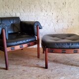 Armchair with vintage ottoman in black leather by Sven Ellekaer for Coja, 1970