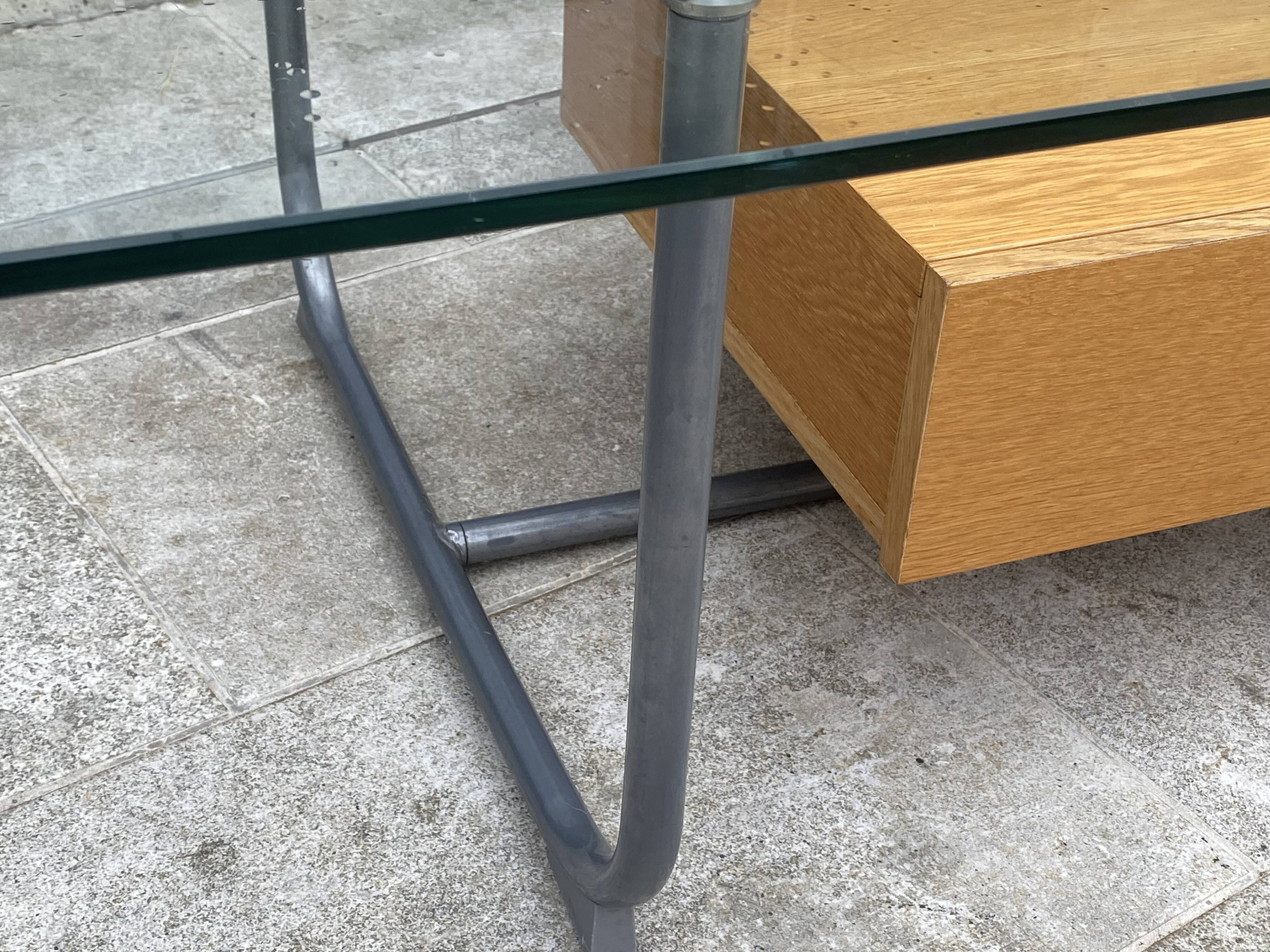 Table basse tubulaire en verre et bois, 1 tiroir, Ikea 1990
