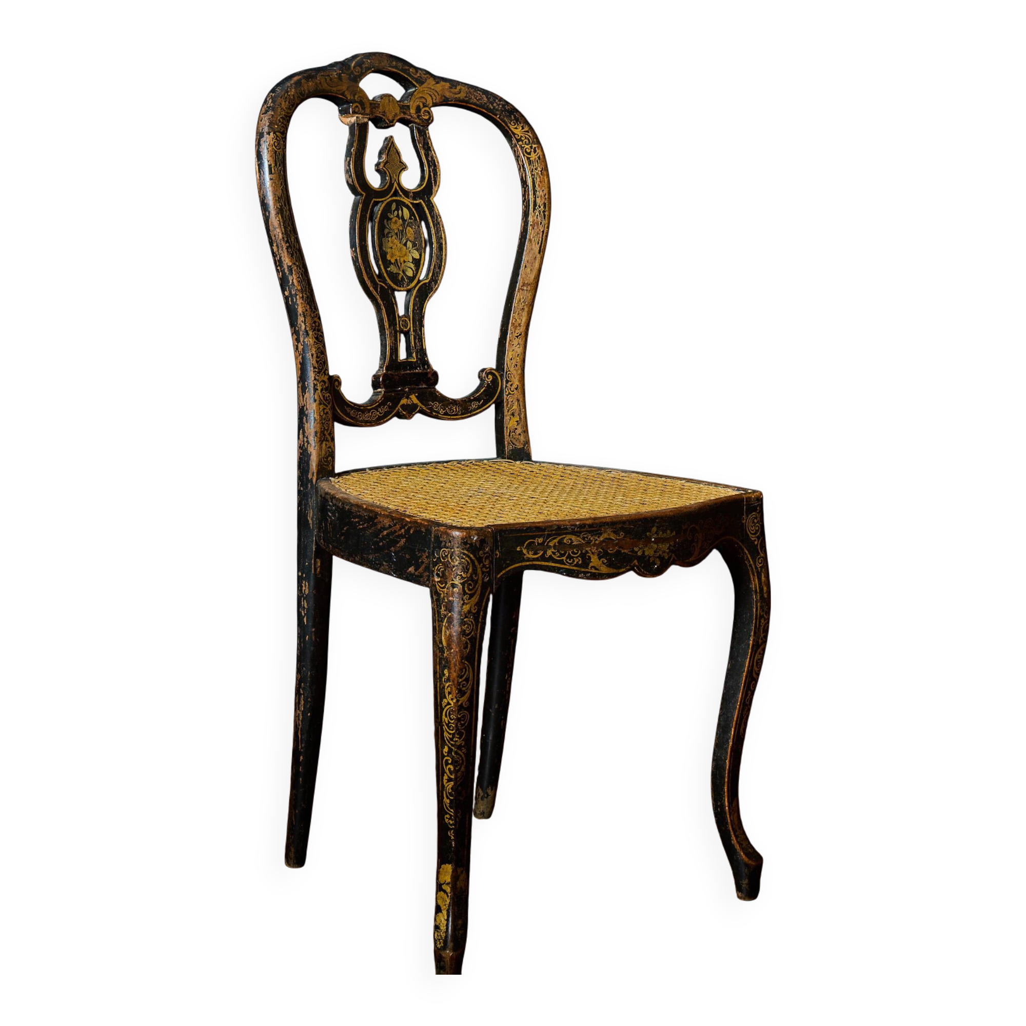 Antique black and gold lacquered chair – Napoleon III style – caned seat
