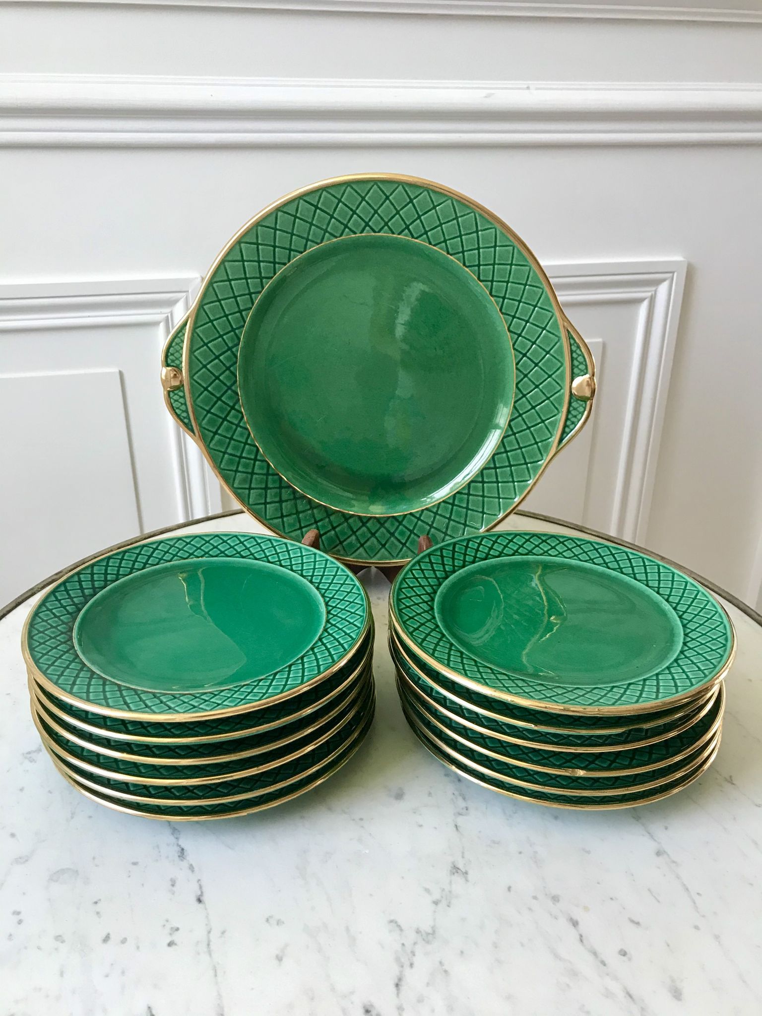 dessert service 12 dessert plates and a green and golden Art Deco cake dish 40s