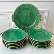 dessert service 12 dessert plates and a green and golden Art Deco cake dish 40s