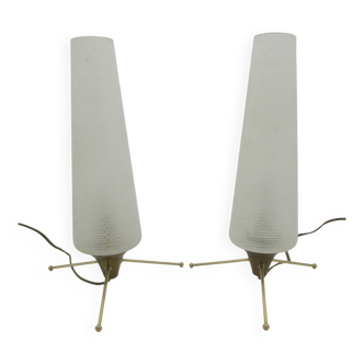 Pair of vintage brass tripod lamps and chiseled glass tulip