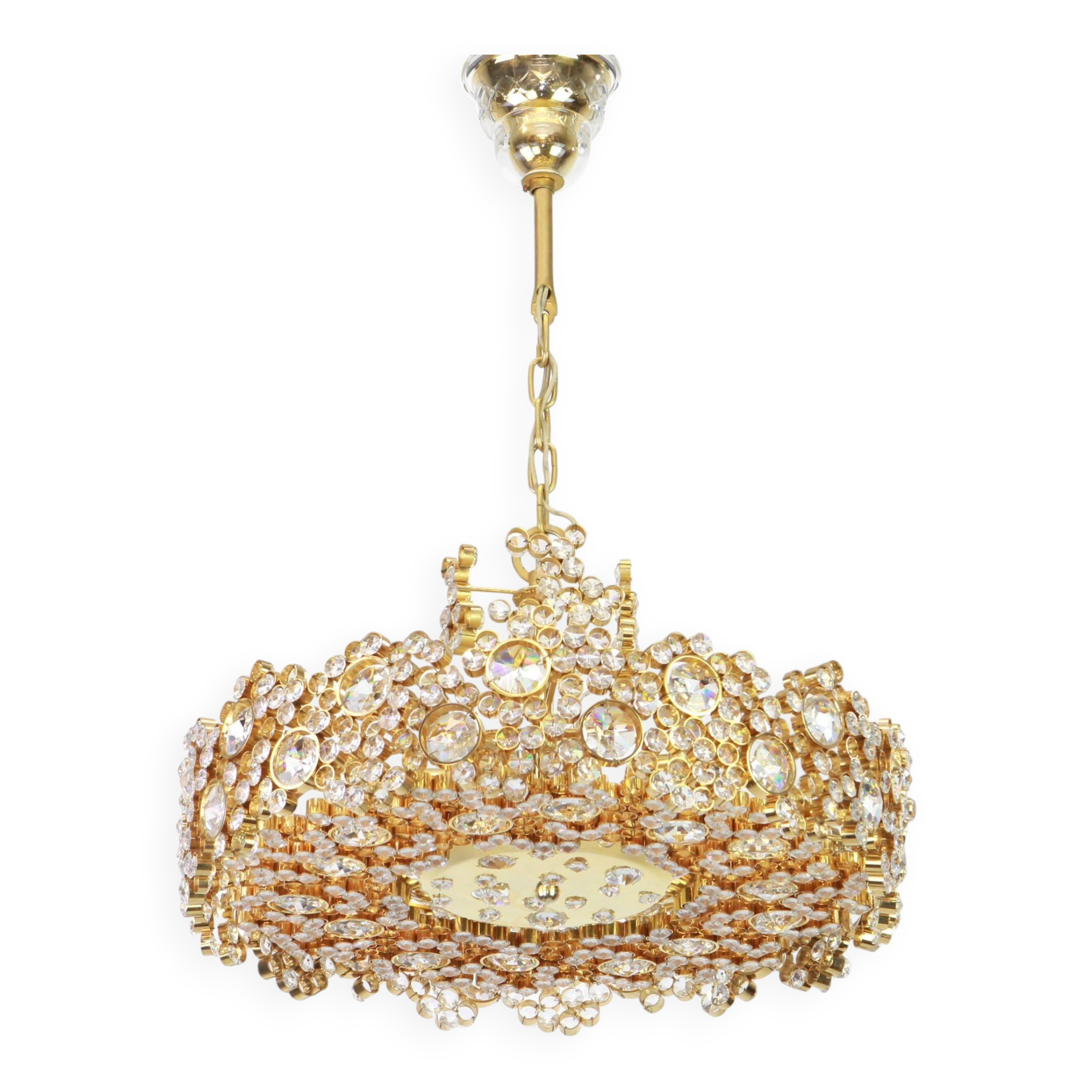 Golden brass chandelier with crystal glass inlays by Palwa, Germany, 1970s.
