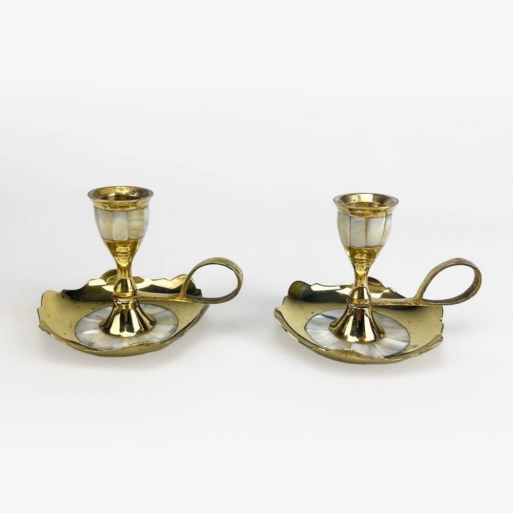 Duo of vintage brass and mother-of-pearl cellar rat candlesticks