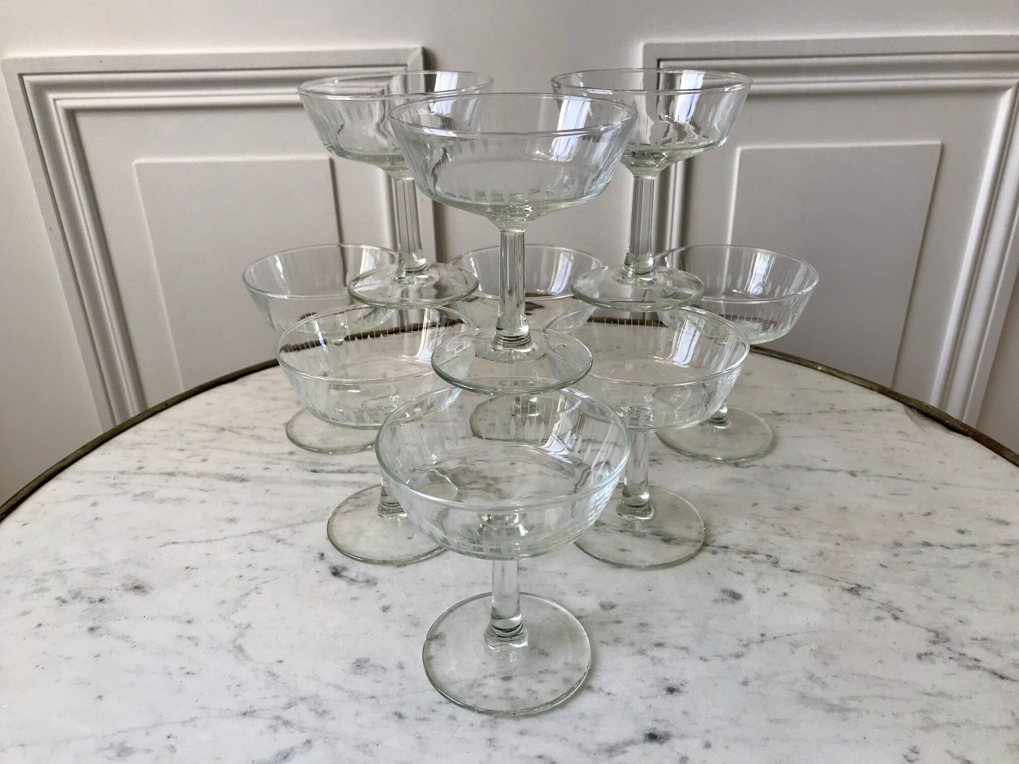 Lot de 10 coupes à champagne en verre cristallin années 50-60
