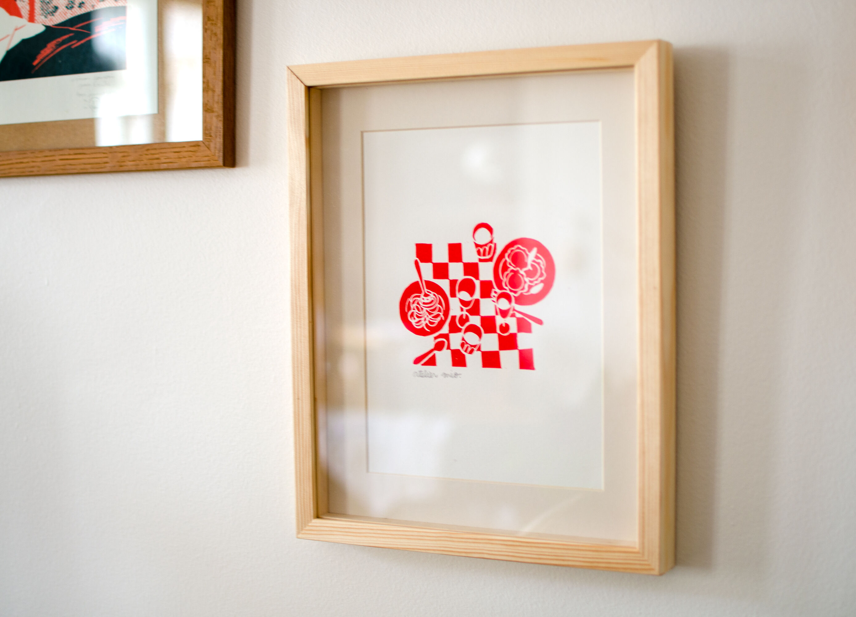 Spaghetti e ravioli, original linocut 18 x 24 cm