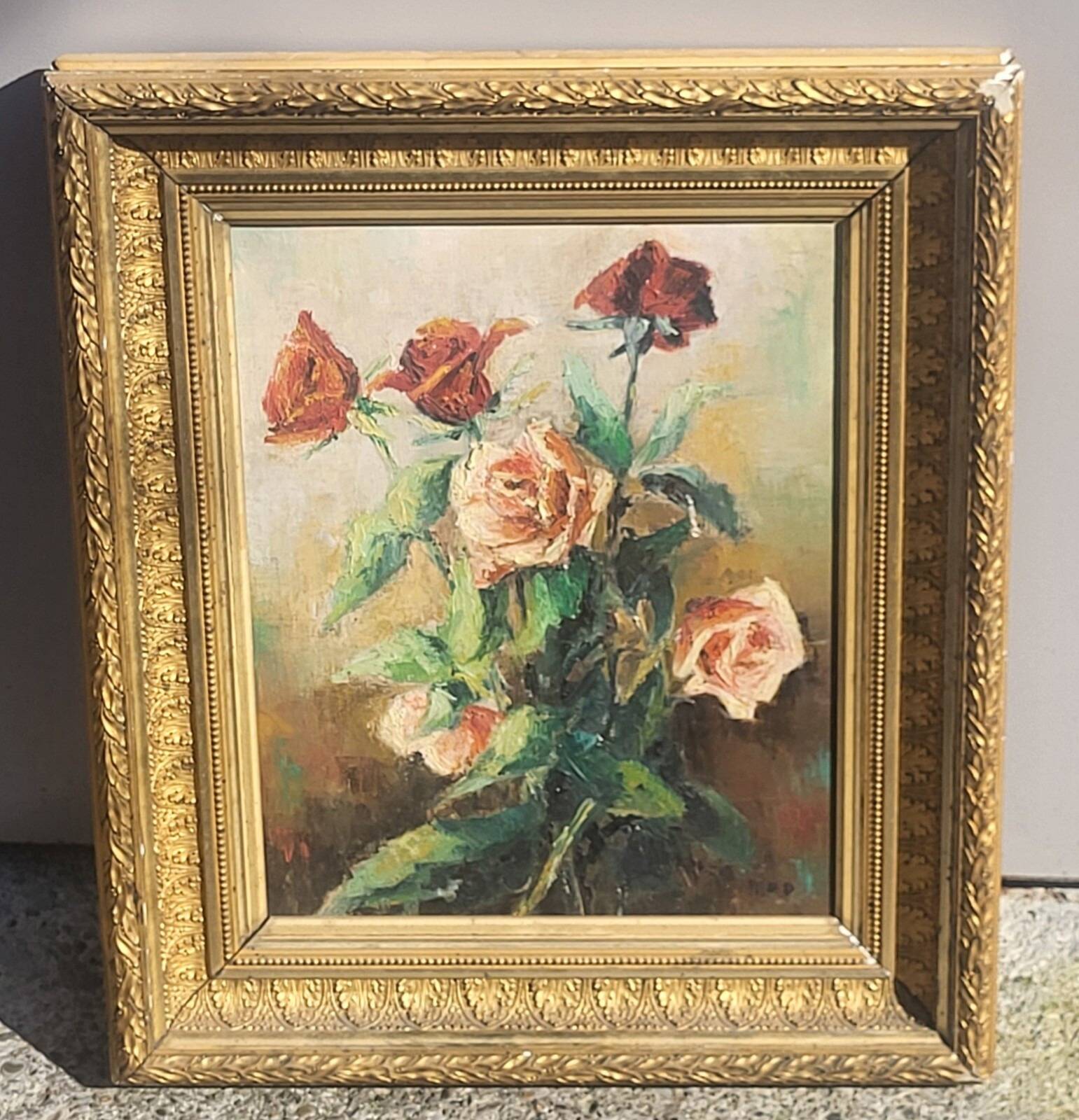 Antique Original Oil Painting of Rose Bushes
