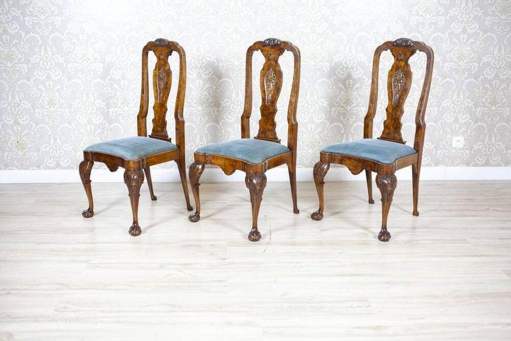 Vintage English Walnut Chairs, 1920s, Set of 3