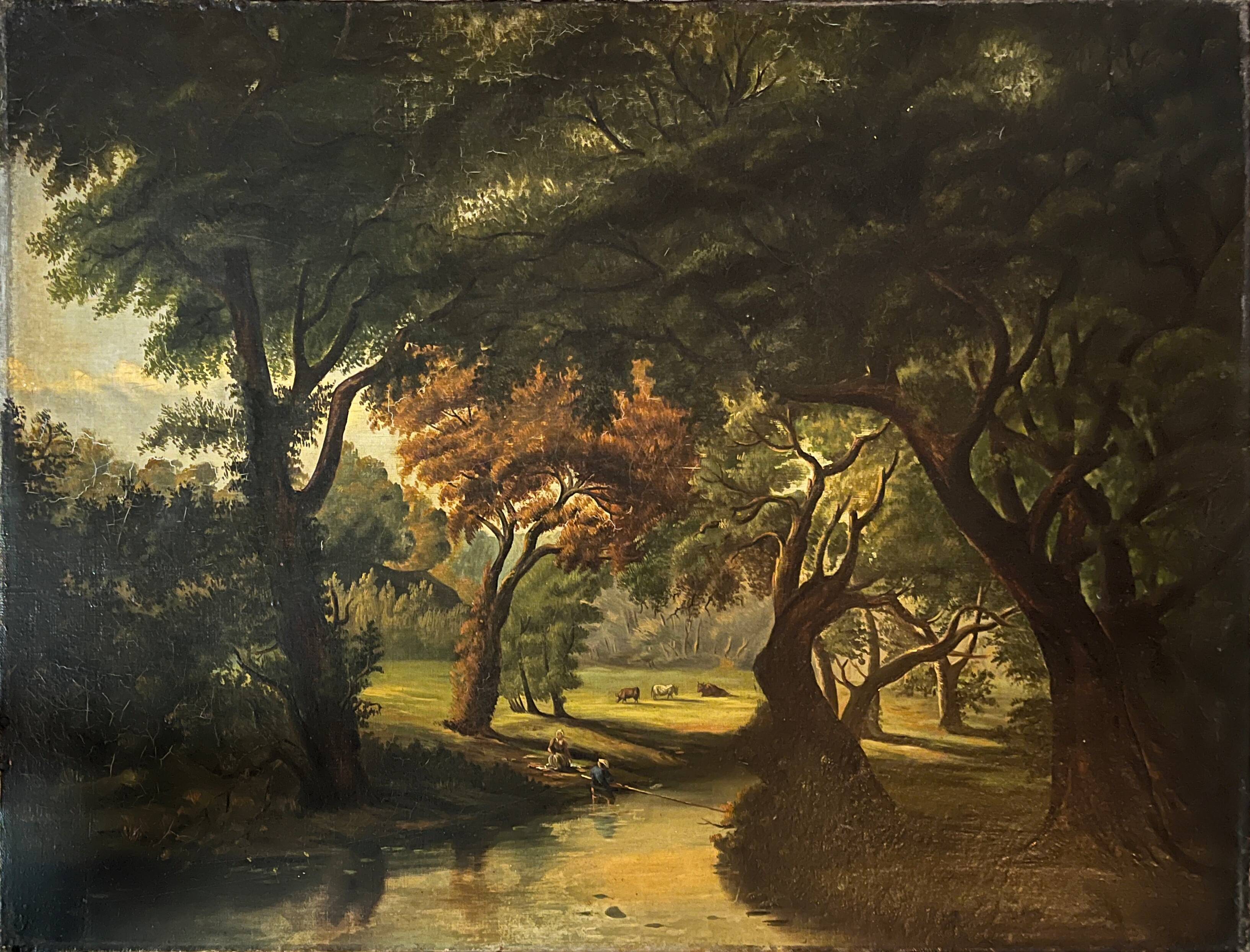 Tableau HST "Paysage pastoral animé vaches et couple" landscape XIX° siècle