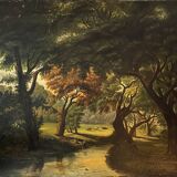 Tableau HST "Paysage pastoral animé vaches et couple" landscape XIX° siècle