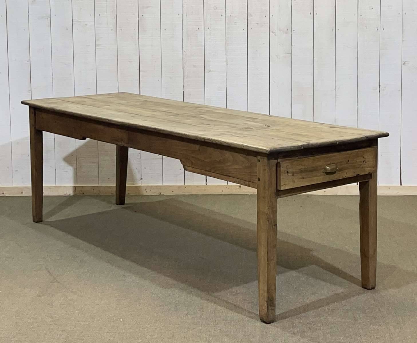 19th century farmhouse table in raw chestnut with original drawer and shelf